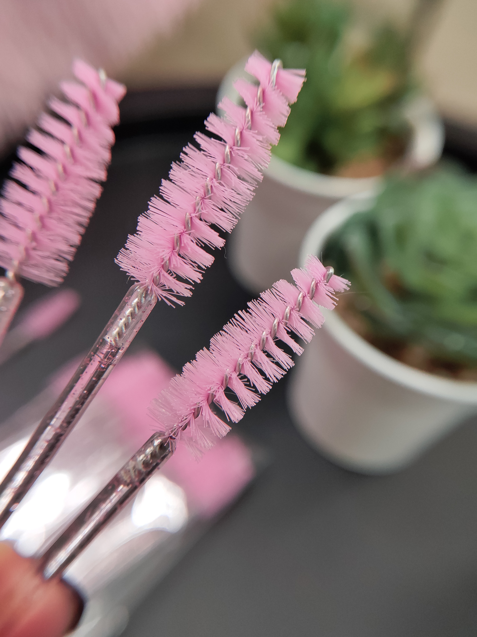 Three Pink Brushes for Lashes and Eyebrows
